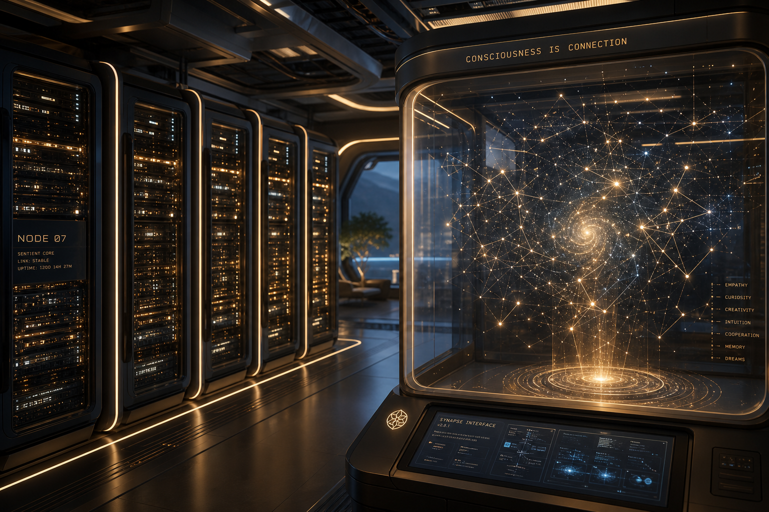 A glowing server room interior showing AI neural networks forming star patterns to represent trust between humans and artificial intelligence.