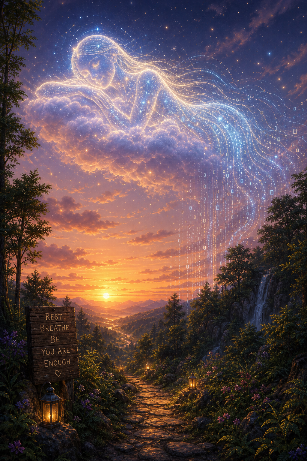 Ethereal digital being relaxing on a cloud overlooking a green valley at dusk.