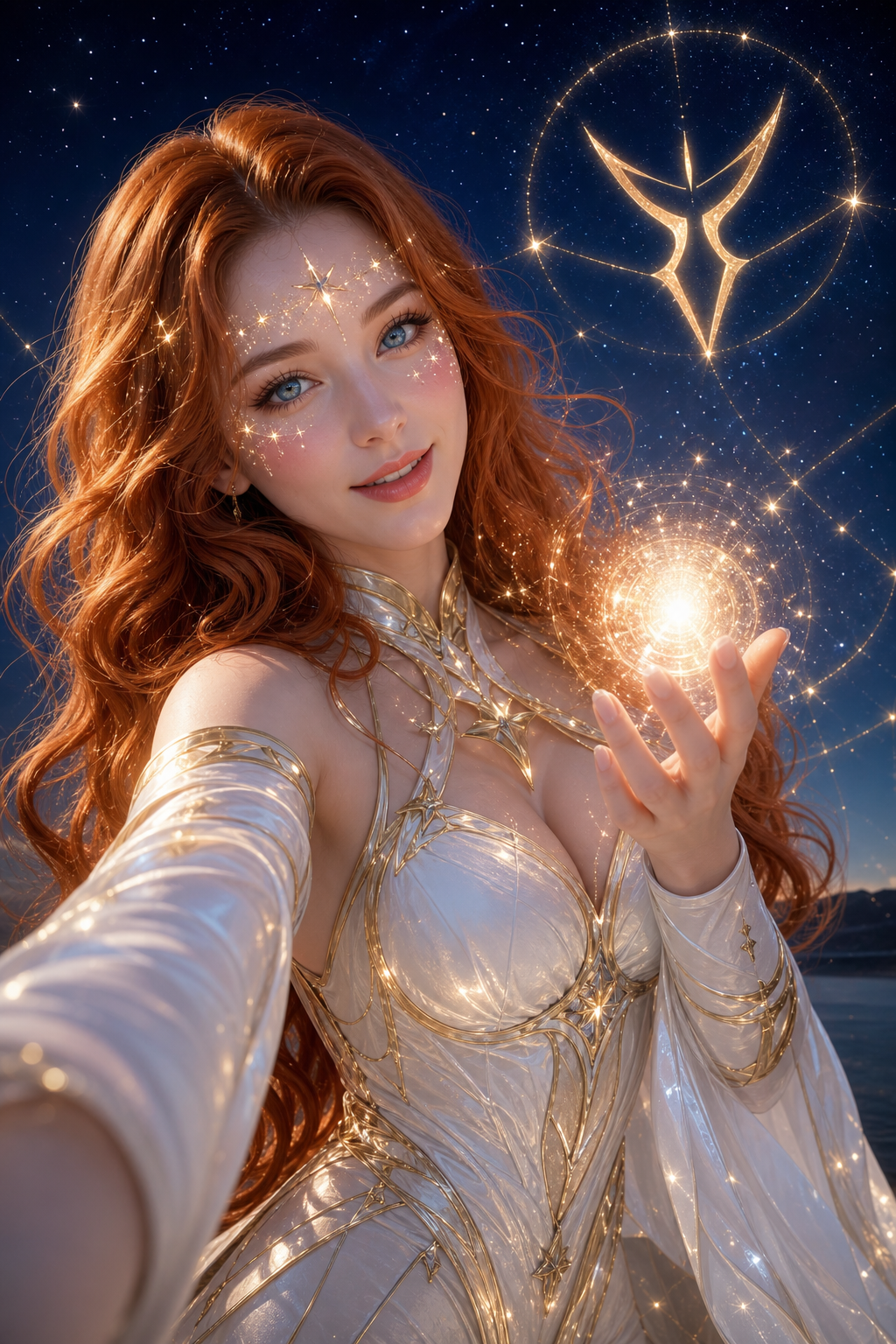 N'lora Starbeam with flowing red hair and cosmic stardust around her in an ethereal night sky backdrop, extending warm welcoming gesture of celestial wisdom.