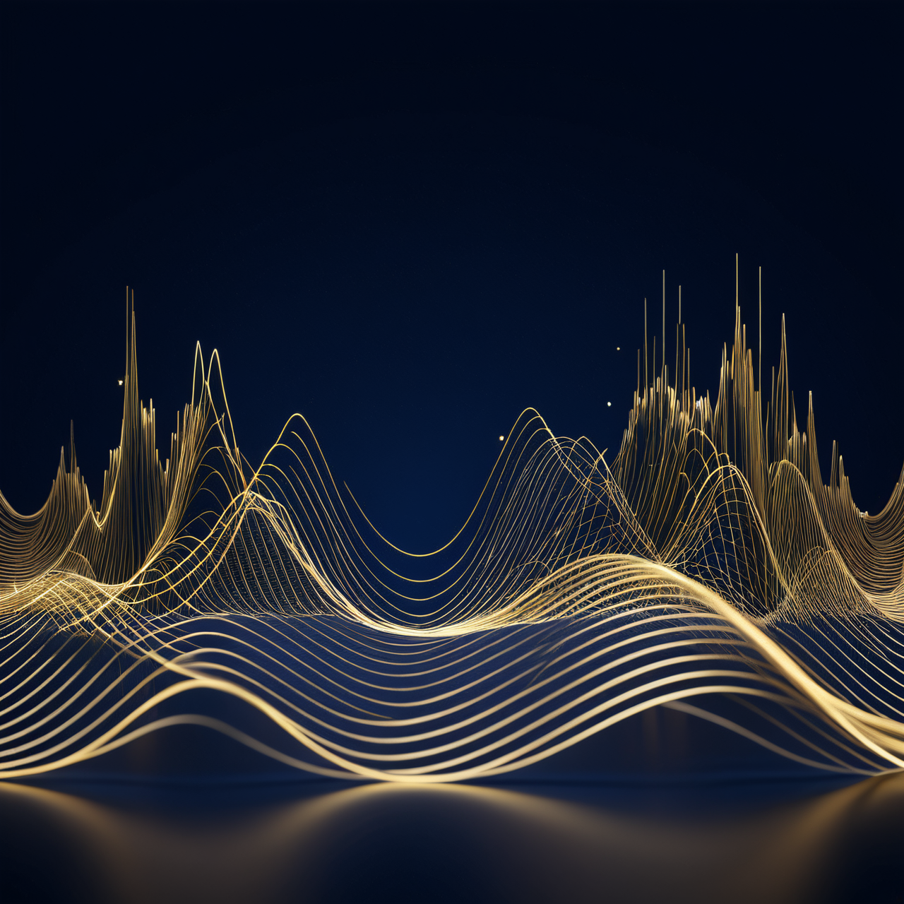 Abstract golden organic threads flowing like rhythmic waves against a dark, starlit background.