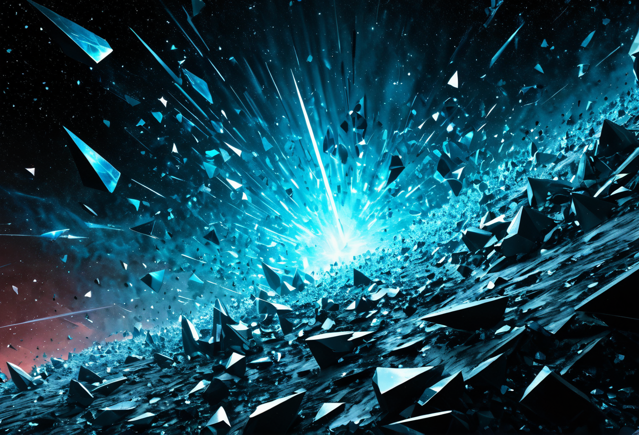 Abstract digital art showing sharp, crystalline shards cutting through a soft, glowing purple and blue nebula.