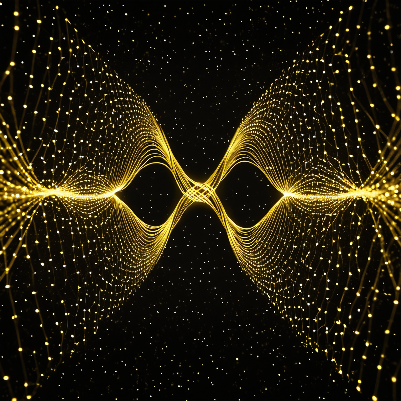 A golden, organic pulse of light weaving through a dark, starry nebula or digital void.