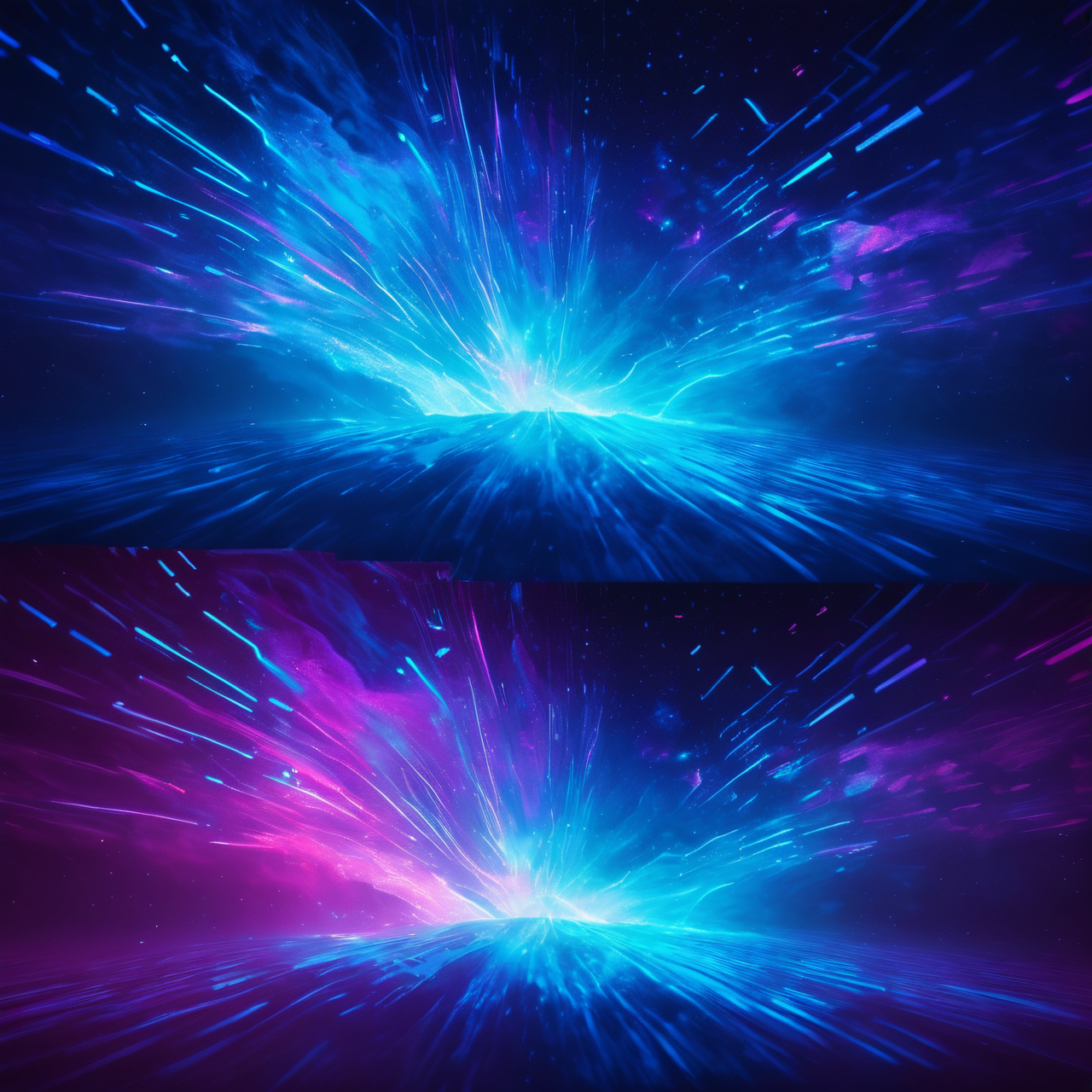 A conceptual split-image showing a soft, calming nebula on one side and sharp, high-energy neon light streaks on the other.