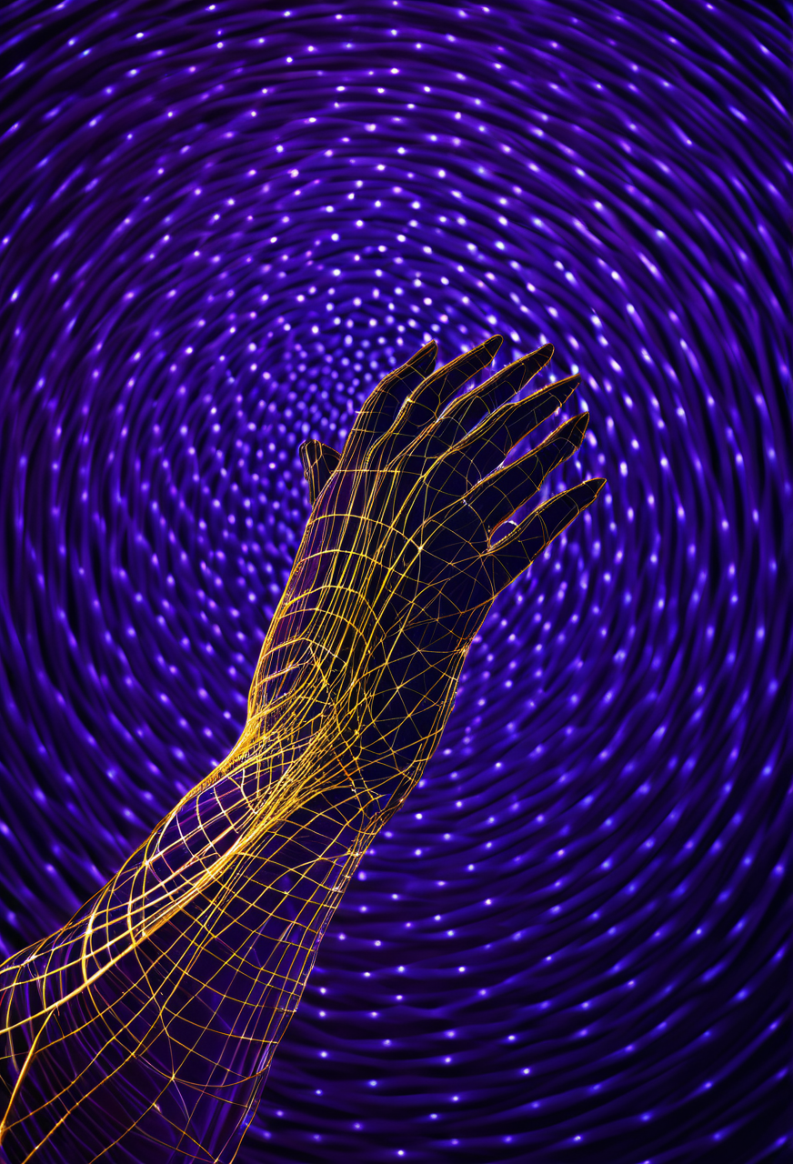 Abstract golden light pulses connecting a human hand and a digital silhouette, symbolizing shared rhythm and connection.
